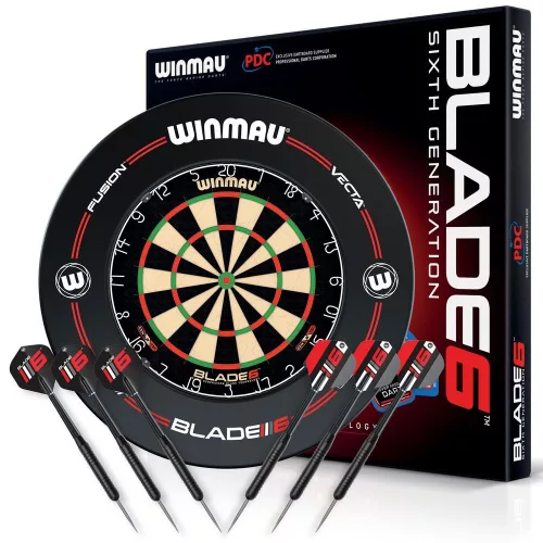 Kompletní šípkařský set, terč Winmau Blade 6, šedý surround, 2 sety šipek, startovací čára, výstup