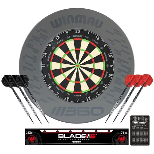 Kompletní šipkařský set Winmau BLADE 360 šedý surround, 2 sety šipek, startovací čára