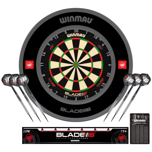 Kompletní šipkařský set s terčem Winmau Blade 6 Triple Core, černý surroundem, 2 sety šipek, startov