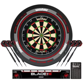 Kompletní šipkařský set s terčem Winmau Blade 6, šedým surroundem, 2 sety šipek, startovací čára a v