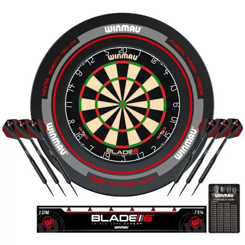 Kompletní šipkařský set s terčem Winmau Blade 6, šedým surroundem, 2 sety šipek, startovací čára a v